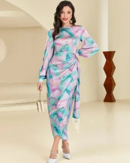 Marble Print Lantern Sleeve Knot Side Wrap Satin Dress