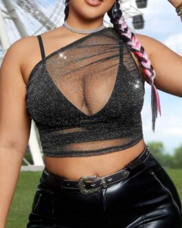 One Shoulder Sleeveless Glitter Mesh Top