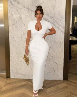 Deep V-Neck Short Sleeve Bodycon Dress
