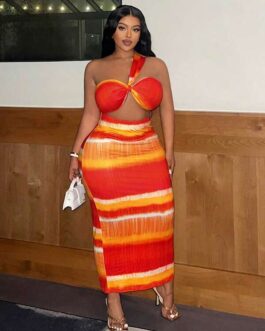 Casual Printed One Shoulder Vest And Hip Skirt Set