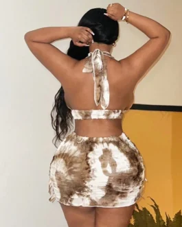 Halter Printed Sleeveless Top And Bodycon Mini Skirt Set