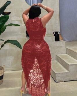 Plus Size Contrast Lace Ruffled Halter Bodycon Sexy Dress