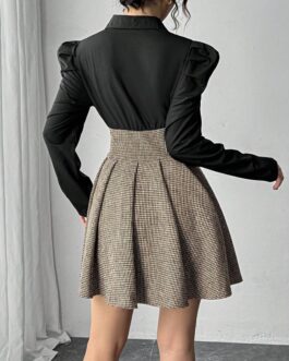 Fruisan Plaid Gigot Sleeve Ruffle Hem Mini Dress