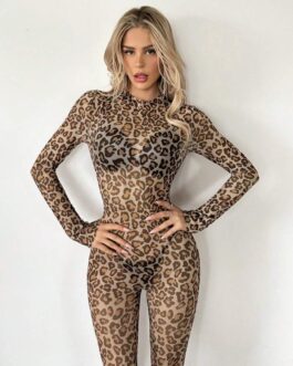 Leopard Print Semi-Sheer Bodycon Jumpsuit
