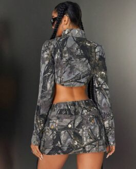 Kelo Branch Print Long Sleeve Cropped Denim Jacket