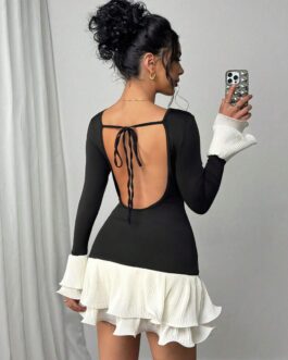 Rokex Black And White Skinny Backless Short Dress