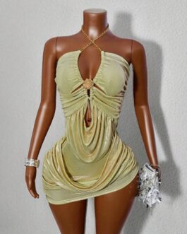 Sexy Solid Color Backless Halter Mini Dress