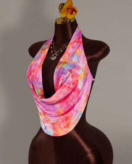 Tie-Dye Print Draped Neck Sleeveless Crop Top