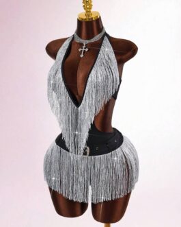 Fringe Plunging Neckline Jumpsuit & Fringe Skirt 2-Piece Set