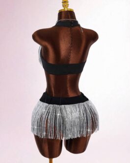 Fringe Plunging Neckline Jumpsuit & Fringe Skirt 2-Piece Set