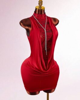 High Neck Ruffled Lace Draped Semi-Sheer Mini Bodycon