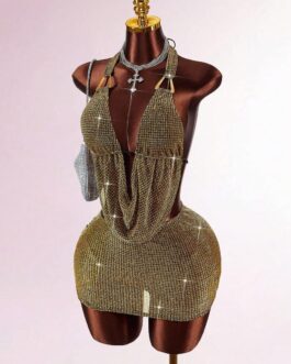 Plunging Neck Glitter Halter Top And Bodycon Mini Skirt 2-Piece Set