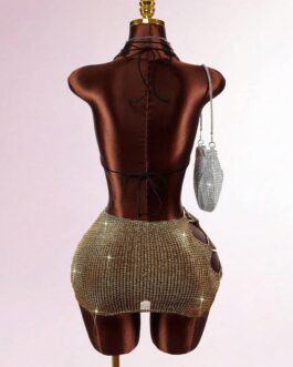 Plunging Neck Glitter Halter Top And Bodycon Mini Skirt 2-Piece Set