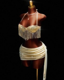 Sequin Tassel Crop Top & Ruffle Mini Skirt 2 Pieces Set