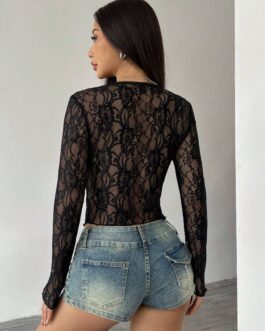 Long Sleeve Slim Black Lace Tie Top