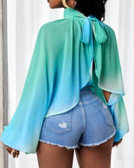 Mandarin Collar Tie-Dye Split Lantern Sleeve Blouse