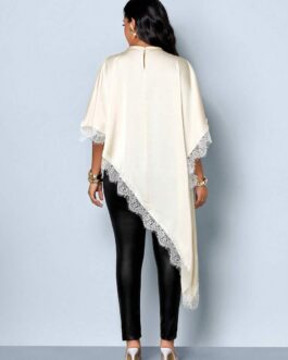 Satin Lace Trim High-Low Blouse