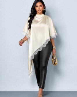 Satin Lace Trim High-Low Blouse
