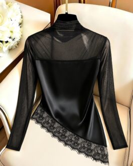 Elegant Satin & Mesh Lace Patchwork Asymmetrical Hem Blouse